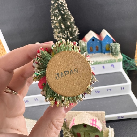 Set Of 11 Vintage Putz Houses Churches Beaded Bottle Brush Trees Japan - Picture 16 of 16